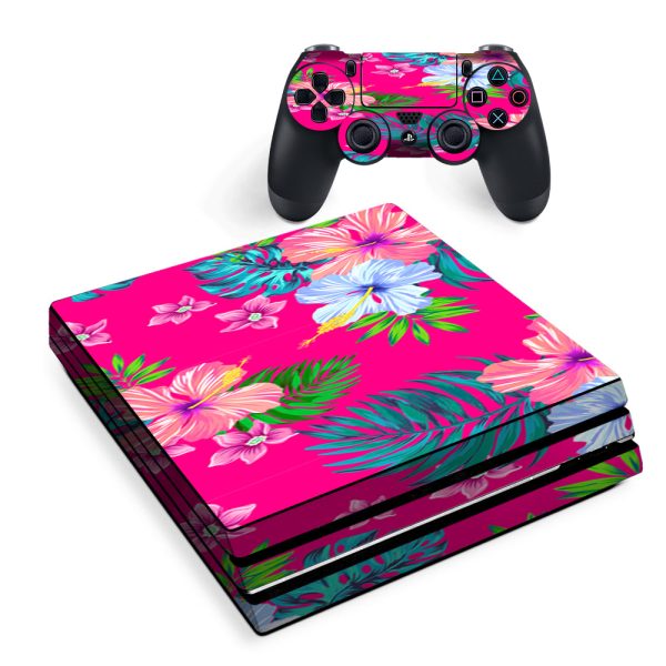 Pink Neon Hibiscus Flowers Sony PS4 Pro Skin For Sale