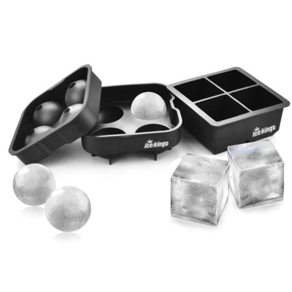 Ice Kings Ice Cube Trays Large Whiskey Combo Mold - Square King Size and Sphere Round Ice Ball Maker (2-Pack), Reusable BPA Free Cocktails Supply